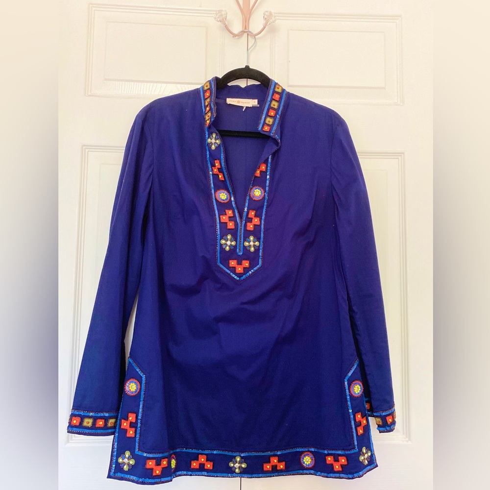 Tory Burch Blue Tunic with Orange Embroidery